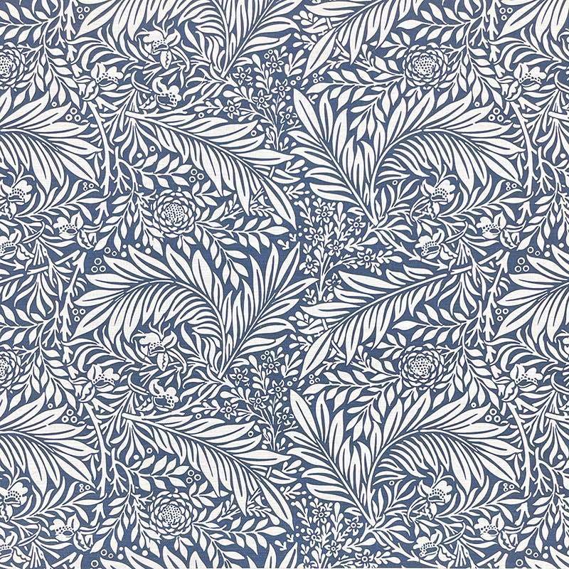 Lauren Blue velvet upholstery fabric with ivory leaf and floral pattern – flat image