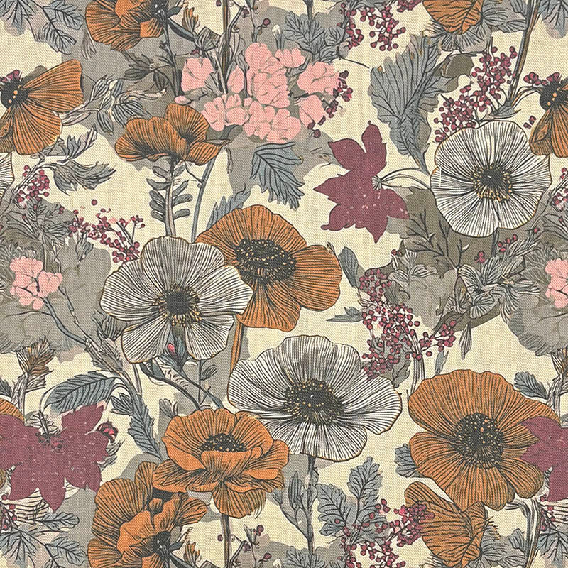 Harrogate floral curtain fabric in vintage tones – flat image showing detailed botanical pattern on linen blend