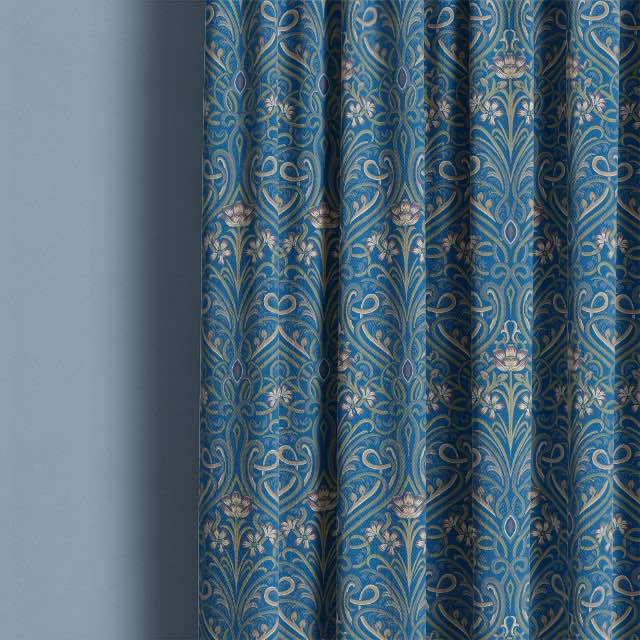 Hathaway Linen Curtain Fabric - Blue hanging beautifully in a bedroom, adding a touch of sophistication