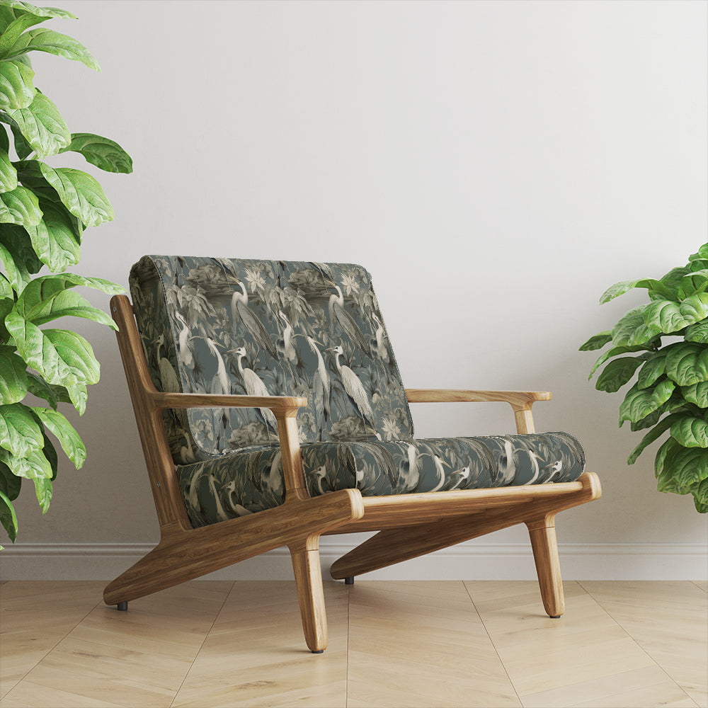 Forest green Heronries velvet upholstery fabric used on armchair – bird print velvet for upholstery”