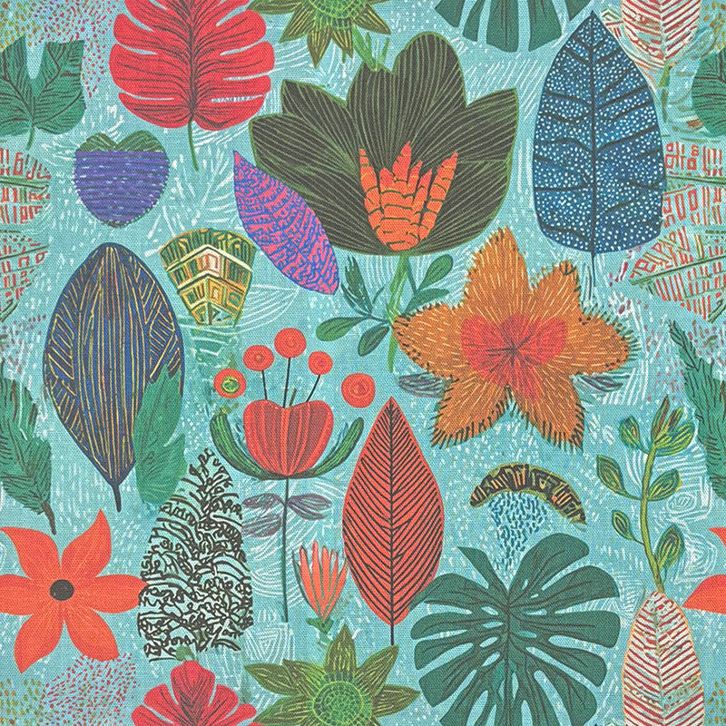 Multicoloured floral curtain fabric with bold leaf and flower pattern on blue cotton base – flat image of Harper design