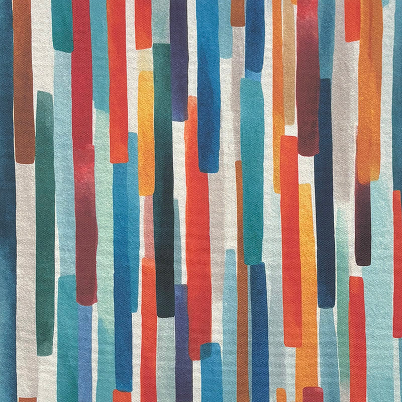 multicoloured striped curtain fabric with abstract broken stripe pattern on soft cotton basecloth