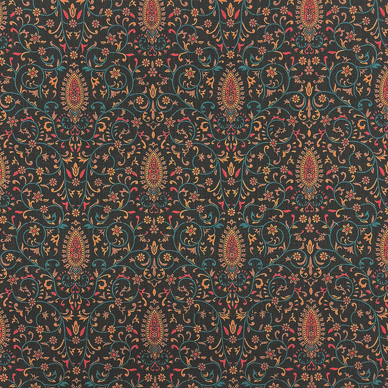 Jaipur paisley linen curtain fabric flat image in black, Indian paisley printed linen blend fabric by the metre for curtains and Roman blinds