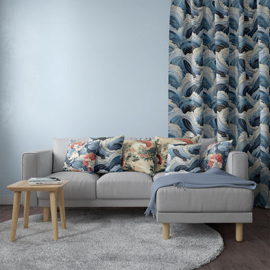Beautiful Japanese Waves Linen Curtain Fabric in a calming shade of blue