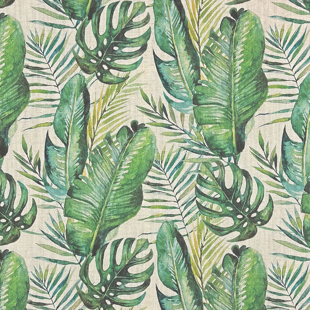 Natural jungle leaf linen curtain fabric with lush green leaf illustrations on a neutral base.