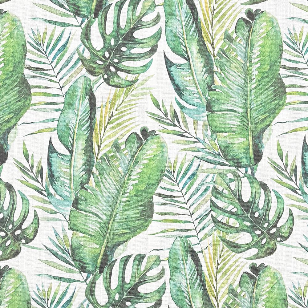White jungle leaf linen curtain fabric featuring green monstera and banana leaves in a botanical print.
