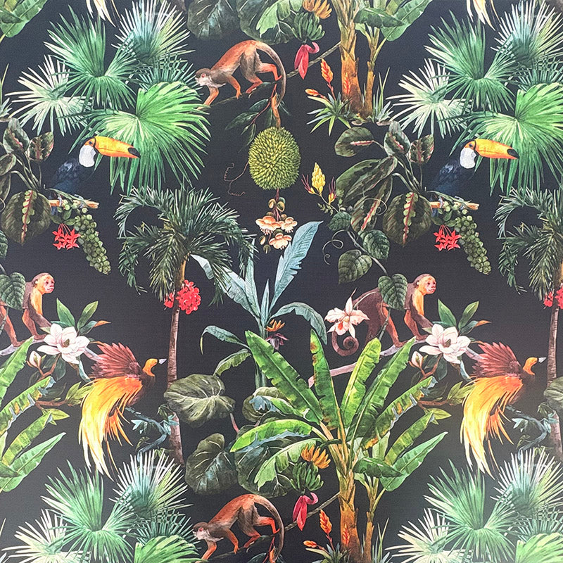 Jungle velvet fabric flat image with tropical leaves, birds and monkeys on a black ground