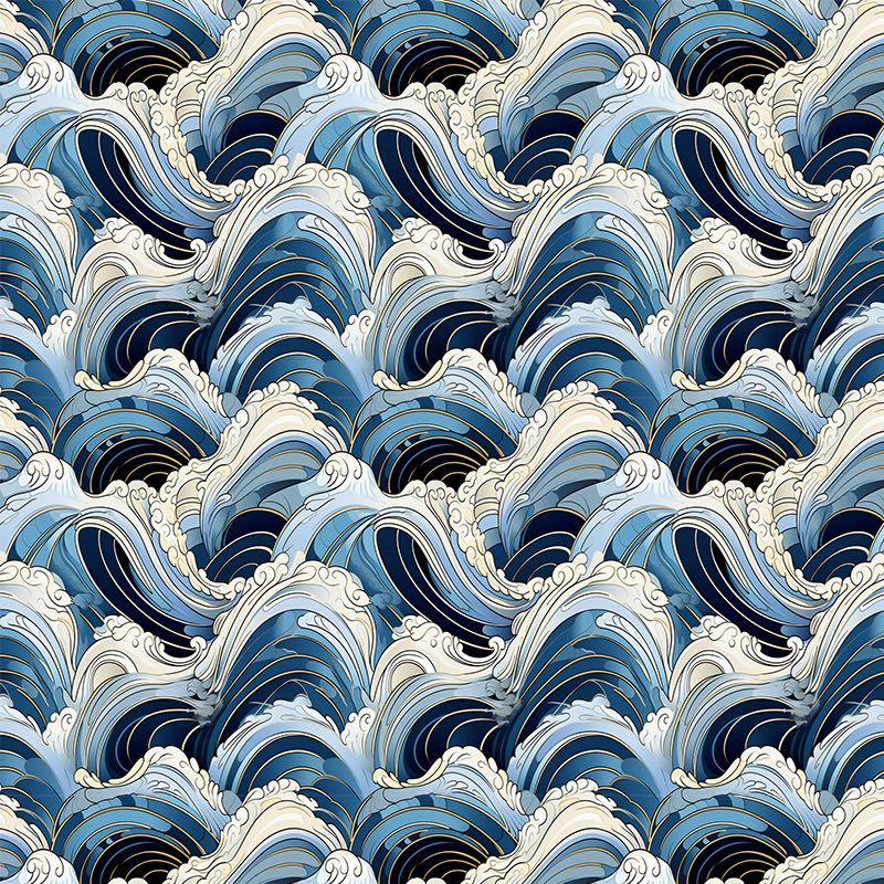 Kanagawa blue printed velvet upholstery fabric with Japanese wave design