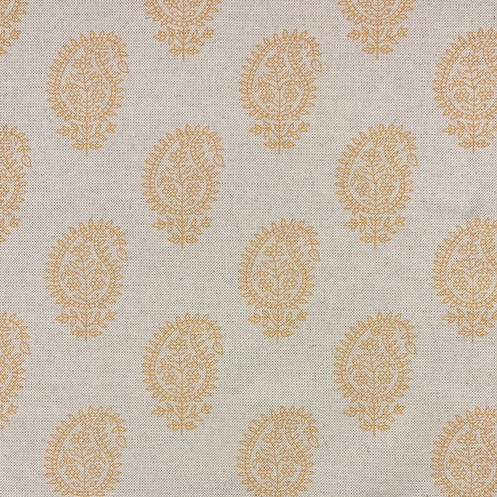 Kaveri Paisley Ochre upholstery fabric swatch, featuring warm golden tones in a detailed paisley print
