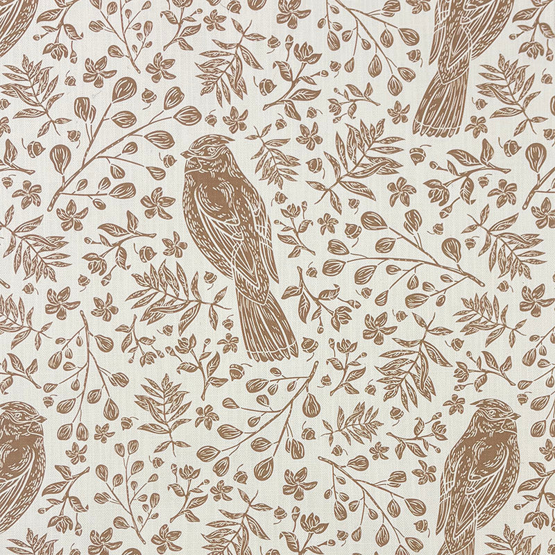 Kestrel bird linen curtain fabric flat image in natural brown with fern leaf and floral print