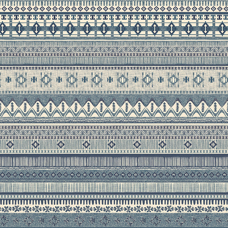 Khenifra Sapphire railroaded velvet fabric flat image with horizontal kilim stripe pattern