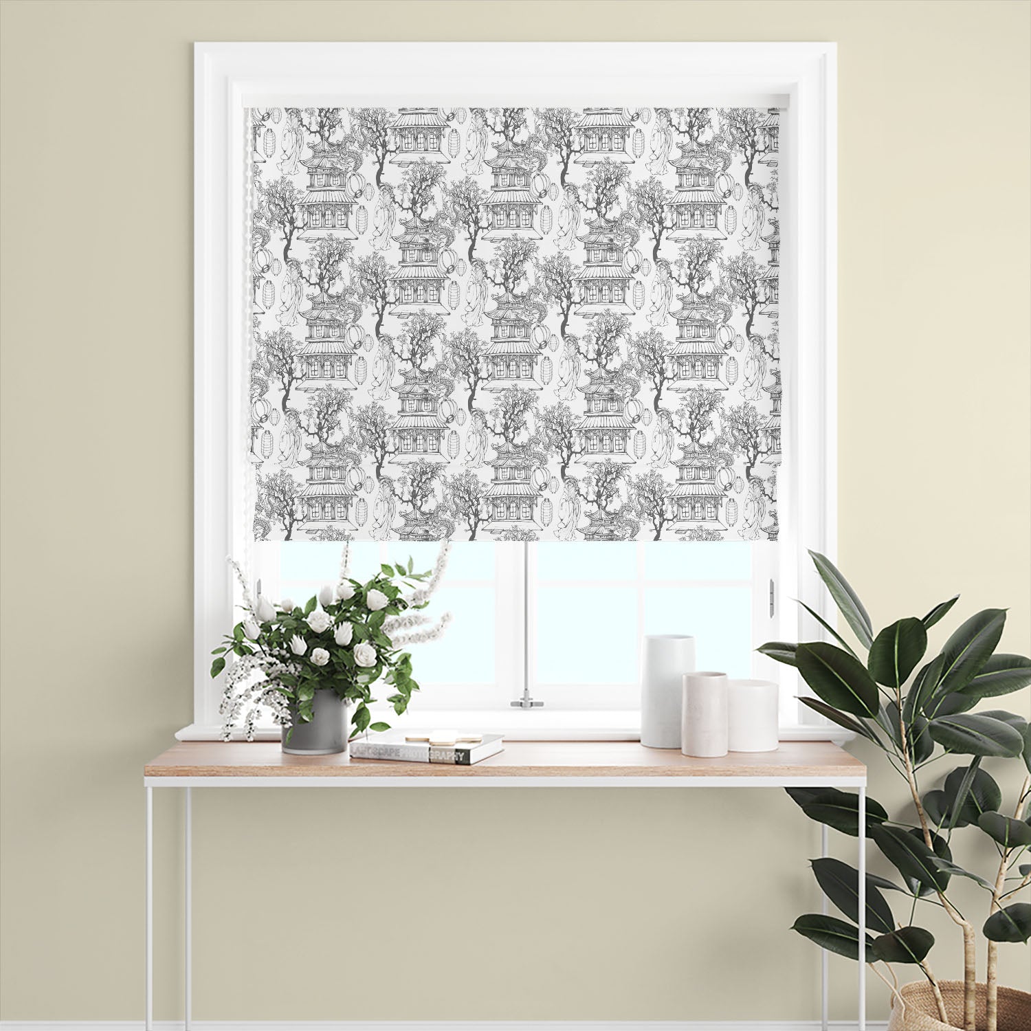 black japanese toile curtain fabric blind with detailed landscape pattern interior