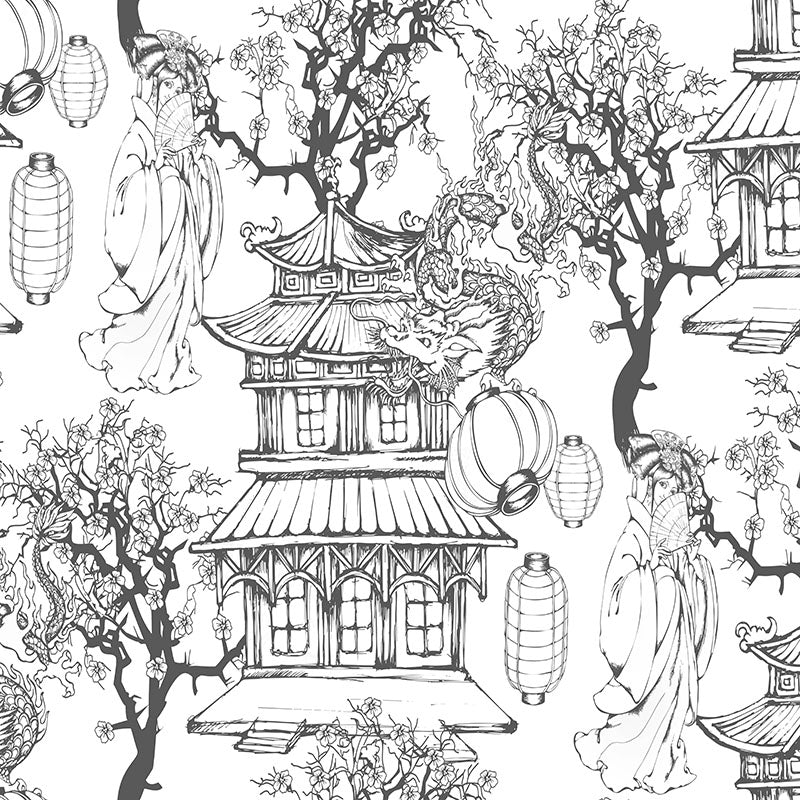 black japanese curtain fabric with intricate toile illustration featuring pagoda, blossom trees and lantern motifs