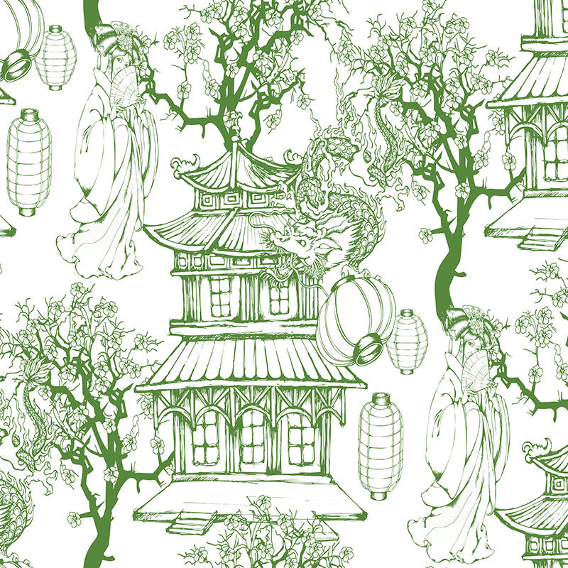 green japanese curtain fabric showcasing botanical toile design with trees, pagodas and delicate scenic detailing