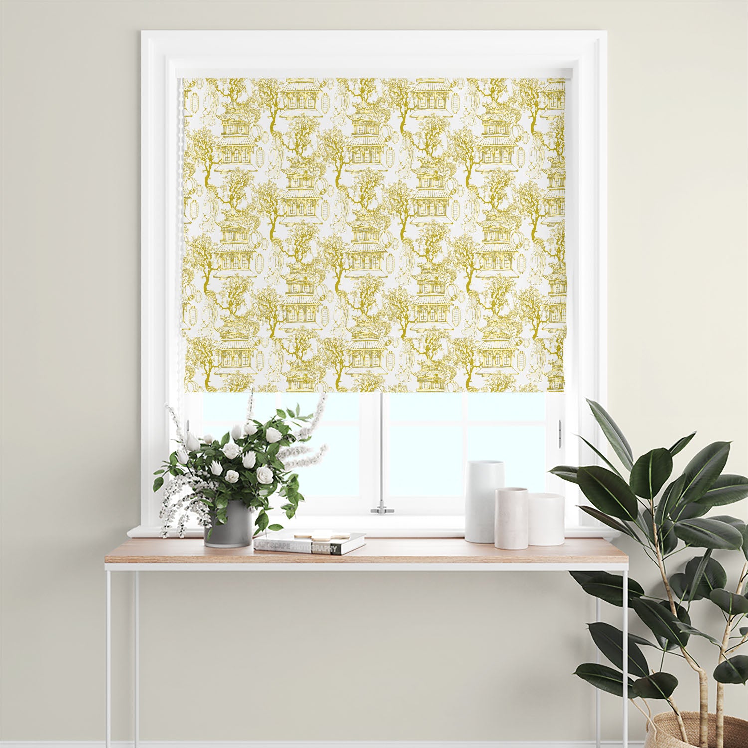 ochre japanese curtain fabric blind introducing warm tones and decorative toile pattern into a bright modern room