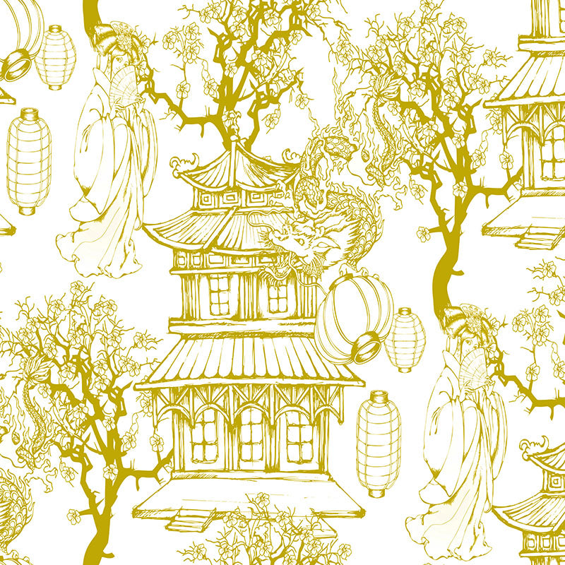 printed ochre japanese toile curtain fabric cotton linen blend with detailed scenic illustration close up