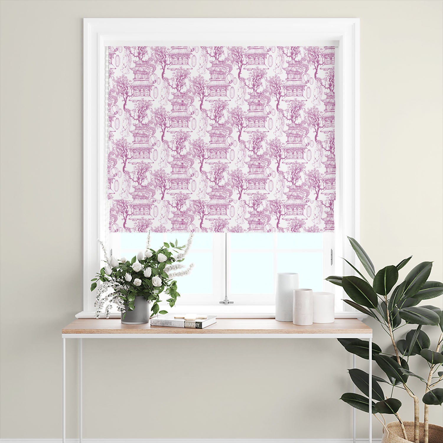 pink raspberry japanese toile roman blind printed on linen blend fabric bringing colour and character to window dressings