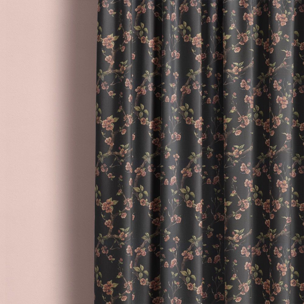 Lace Leaf Noir curtain image showing monochrome leaf print linen curtain fabric in a room setting