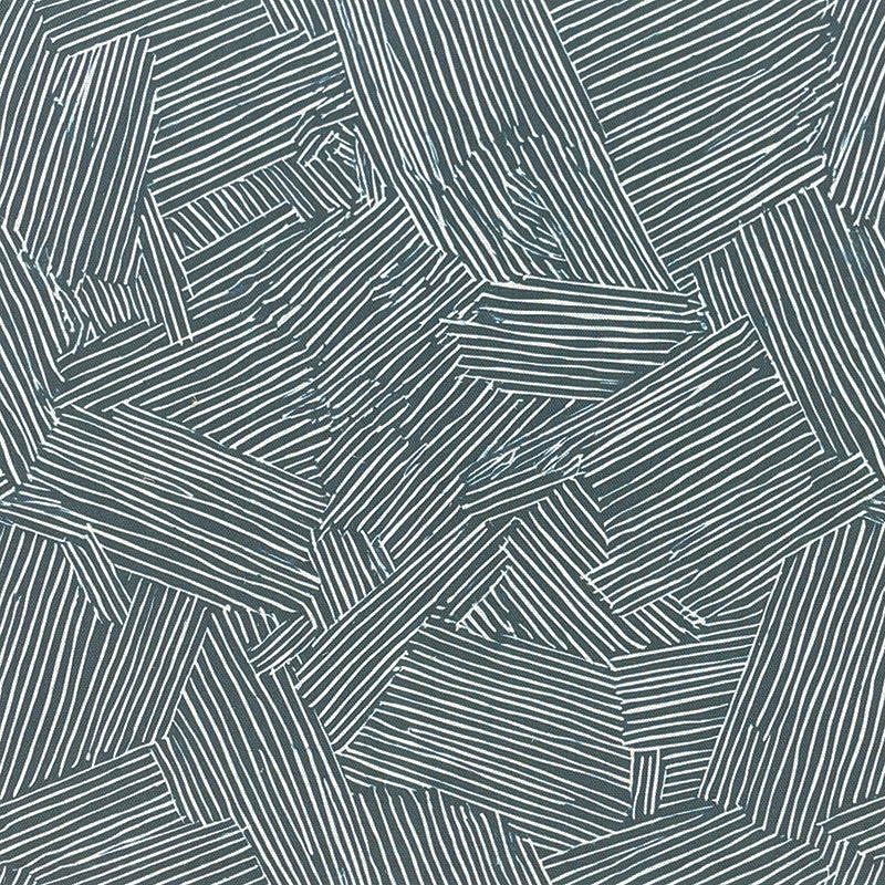 Laguna Denim cotton curtain fabric with abstract linear pattern – flat swatch view