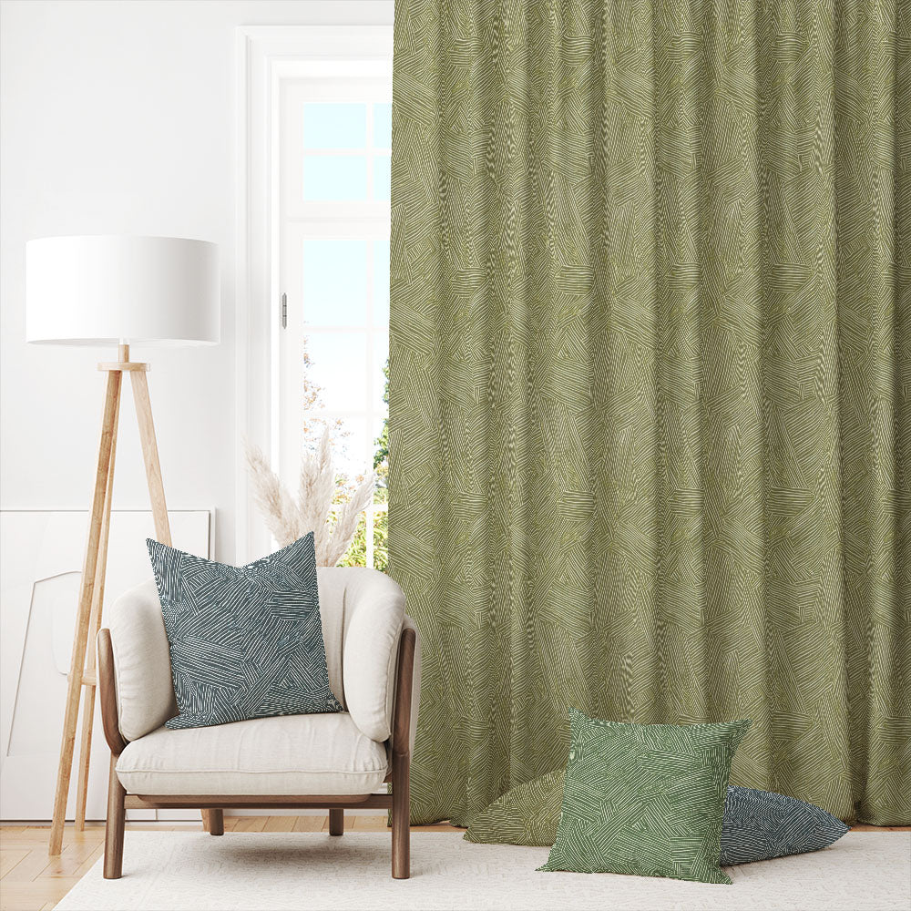 Laguna Lime curtain fabric used for full drop curtains with accent cushions