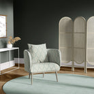 Lambourne Duck Egg leaf upholstery fabric on a contemporary accent chair
