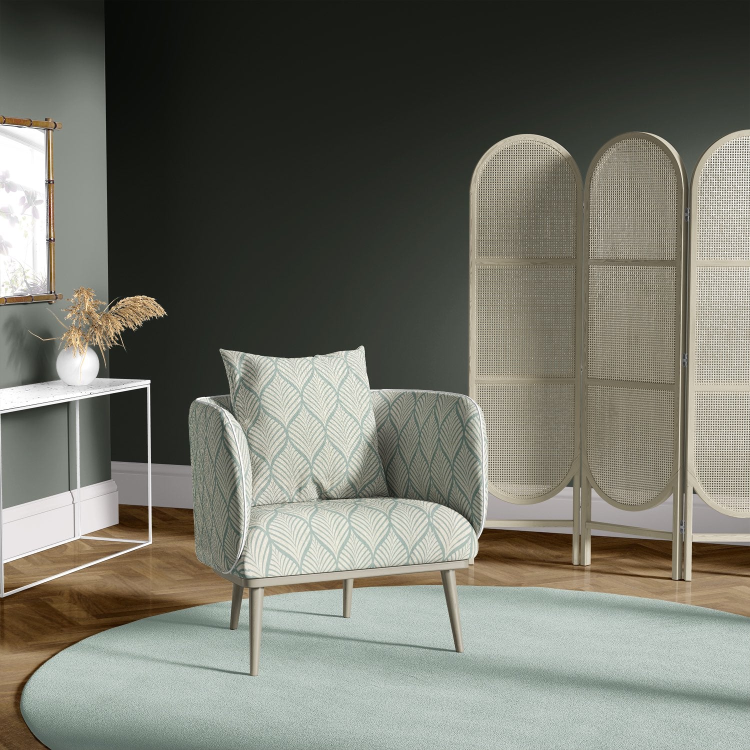 Lambourne Duck Egg leaf upholstery fabric on a contemporary accent chair