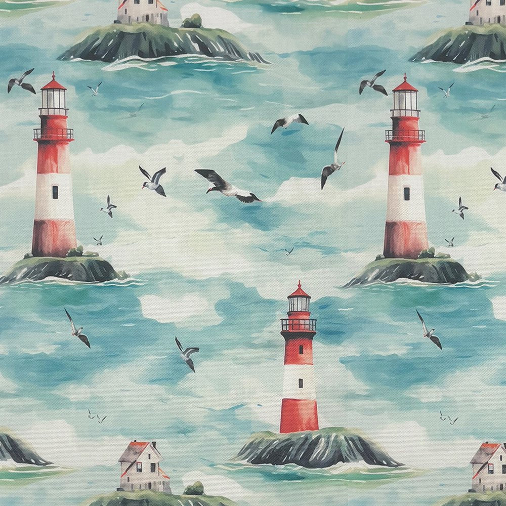 Flat image of Lighthouse Blue cotton curtain fabric featuring painterly sea, sky and lighthouse design
