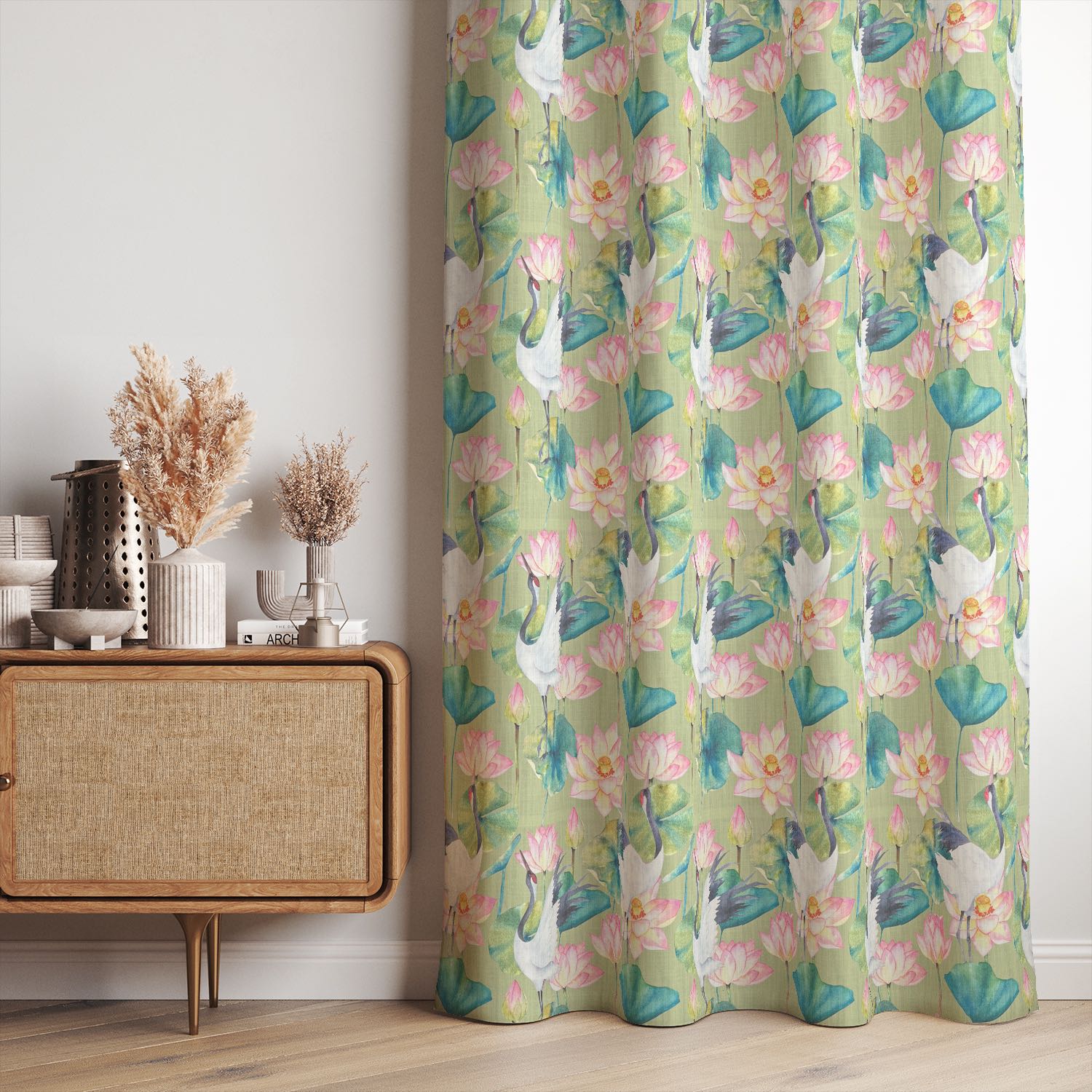 Lily Pad Green bird curtain fabric styled as a linen curtain in an interior setting