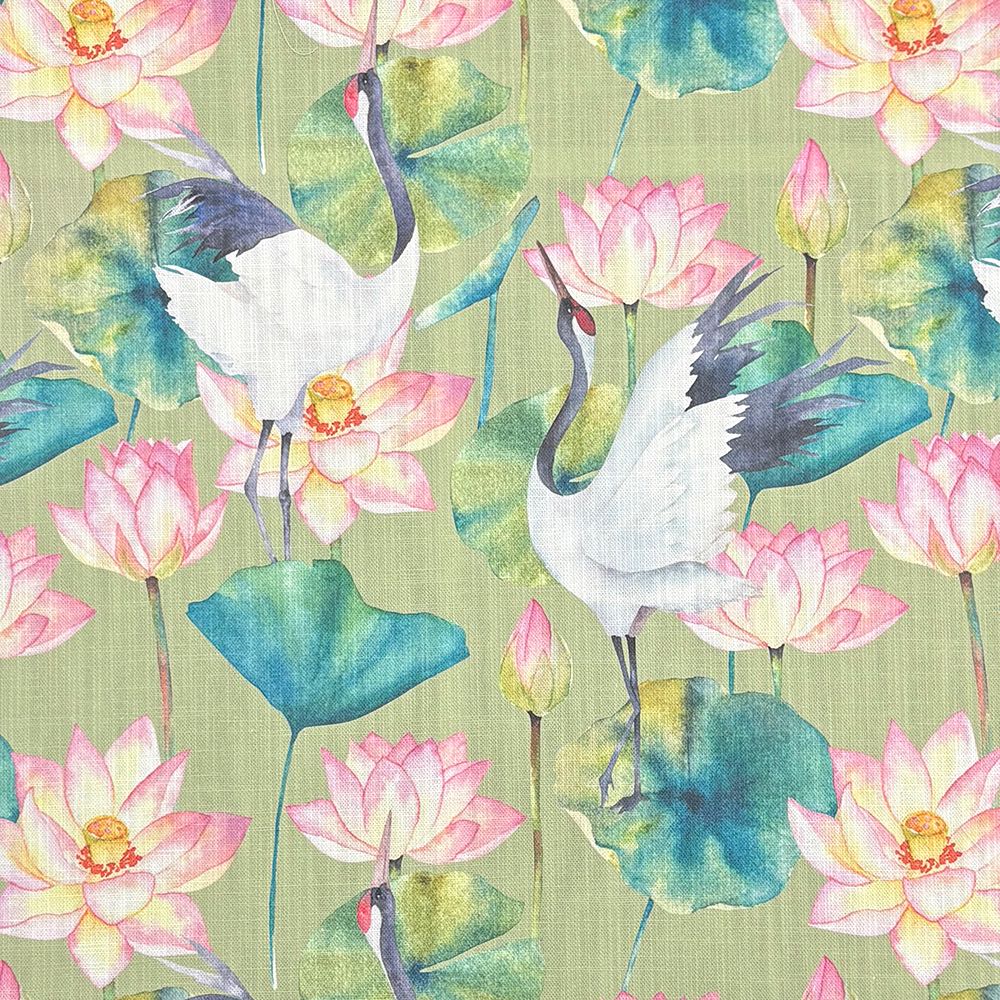 Lily Pad Green floral curtain fabric with cranes and lotus flowers on a linen blend