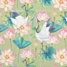 Lily Pad Green floral curtain fabric with cranes and lotus flowers on a linen blend
