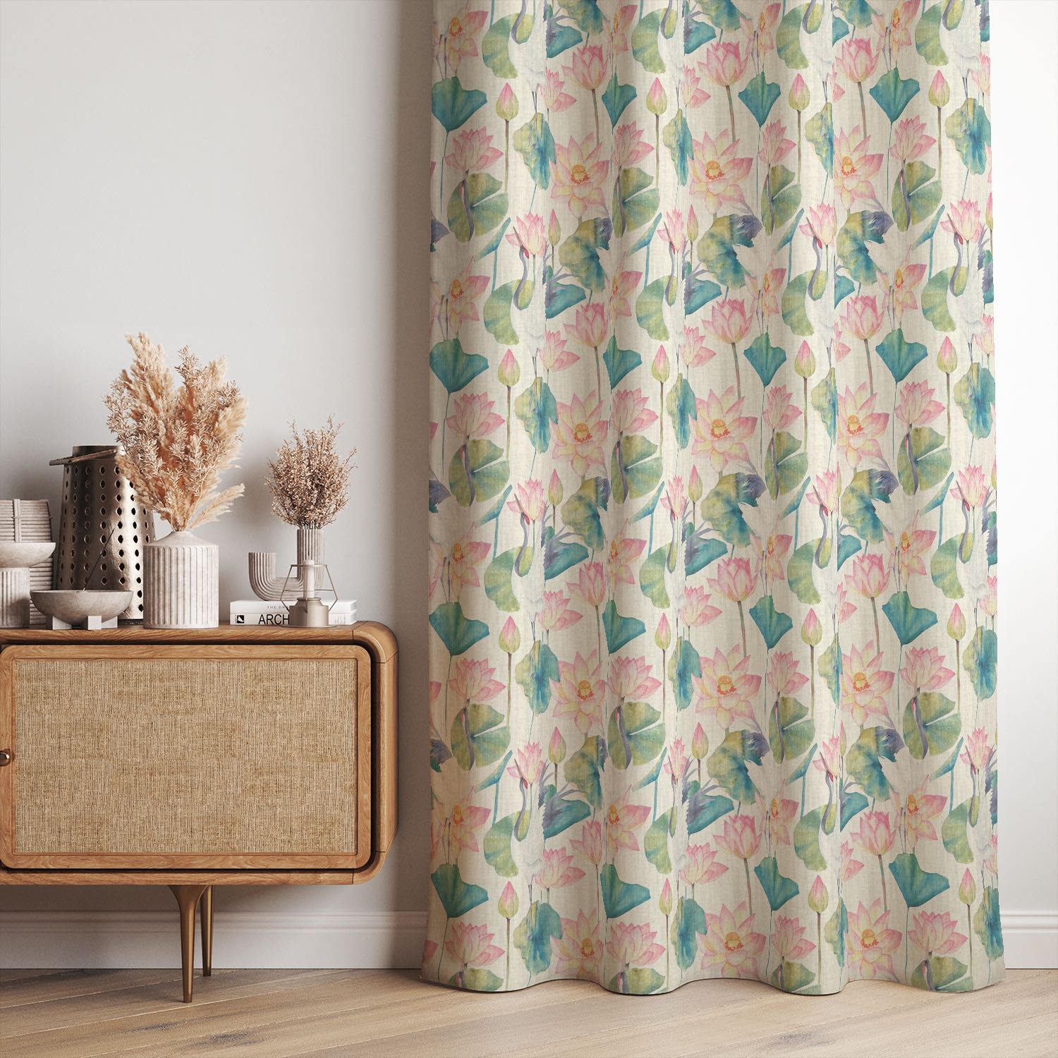 Lily Pad Natural bird curtain fabric shown made into flowing linen curtains