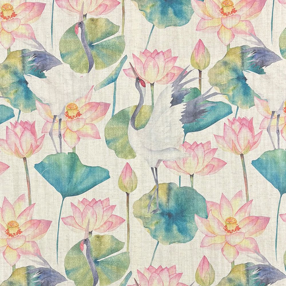 Lily Pad Natural floral curtain fabric with hand-drawn cranes and water lilies