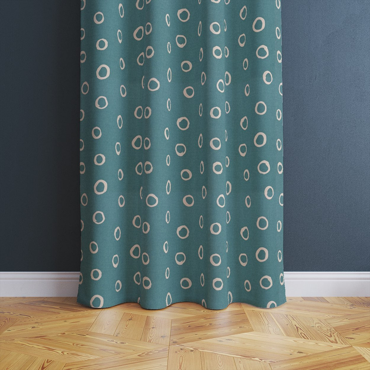 Limentra Teal polka dot fabric – a deep, rich spotted curtain fabric ideal for luxurious interiors.