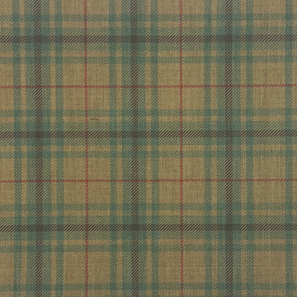 Close-up of Lochy Olive linen plaid curtain fabric with green, beige, and red check pattern