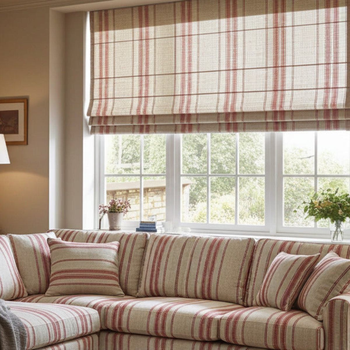 Red striped curtain and sofa fabric in a cosy living room, styled with a corner window and matching blinds