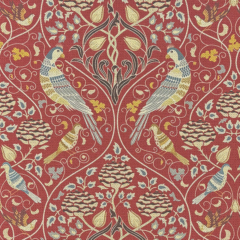 arts and crafts upholstery fabric with birds and floral william morris style pattern in red linen blend