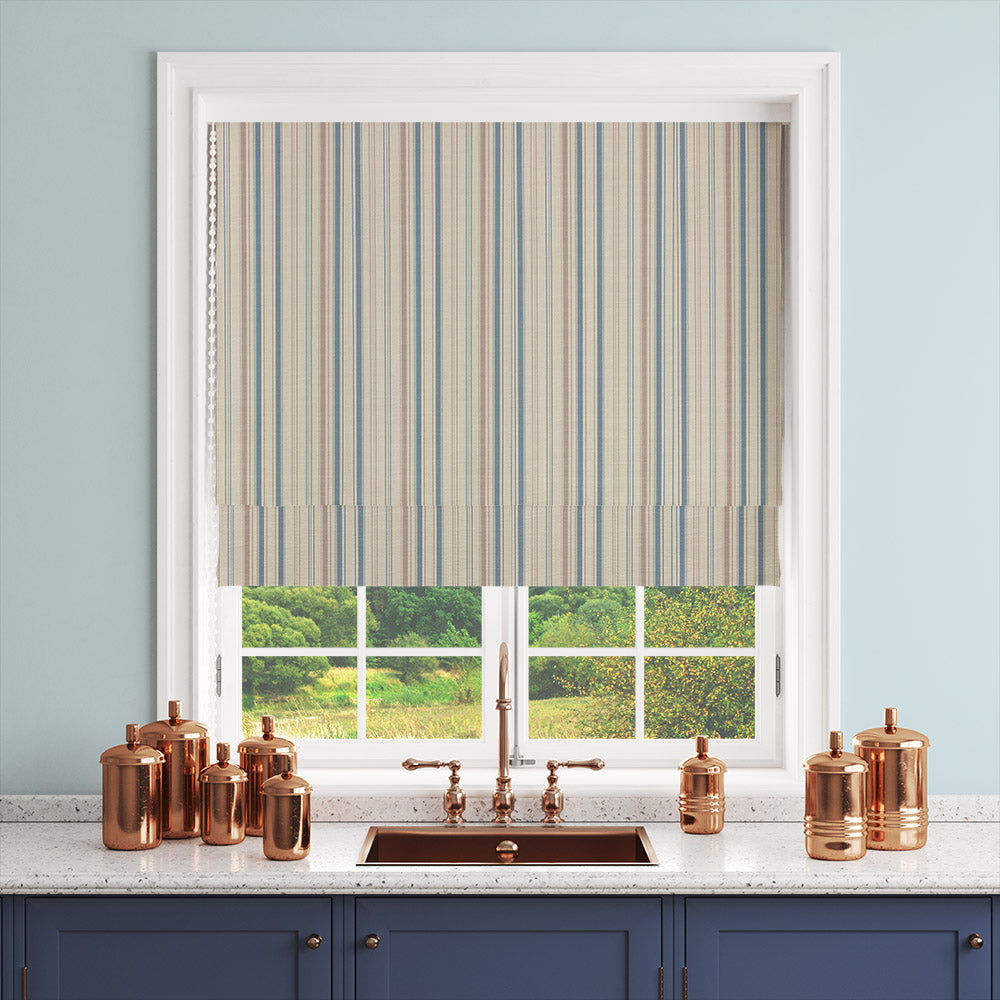 Lowick Stripe coastal curtain fabric displayed as a Roman blind room image