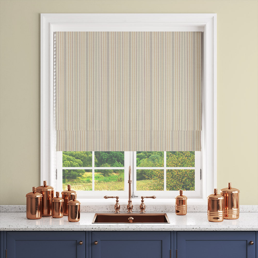 Lowick Stripe green ochre striped curtain fabric shown as a Roman blind