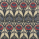 Mackintosh Navy Upholstery Fabric – flat image showing bold geometric floral design in navy and red tones on natural background