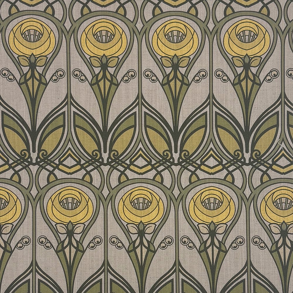 Mackintosh Ochre Upholstery Fabric – flat image with bold floral geometric motif in ochre yellow and green on neutral background