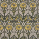 Mackintosh Ochre Upholstery Fabric – flat image with bold floral geometric motif in ochre yellow and green on neutral background
