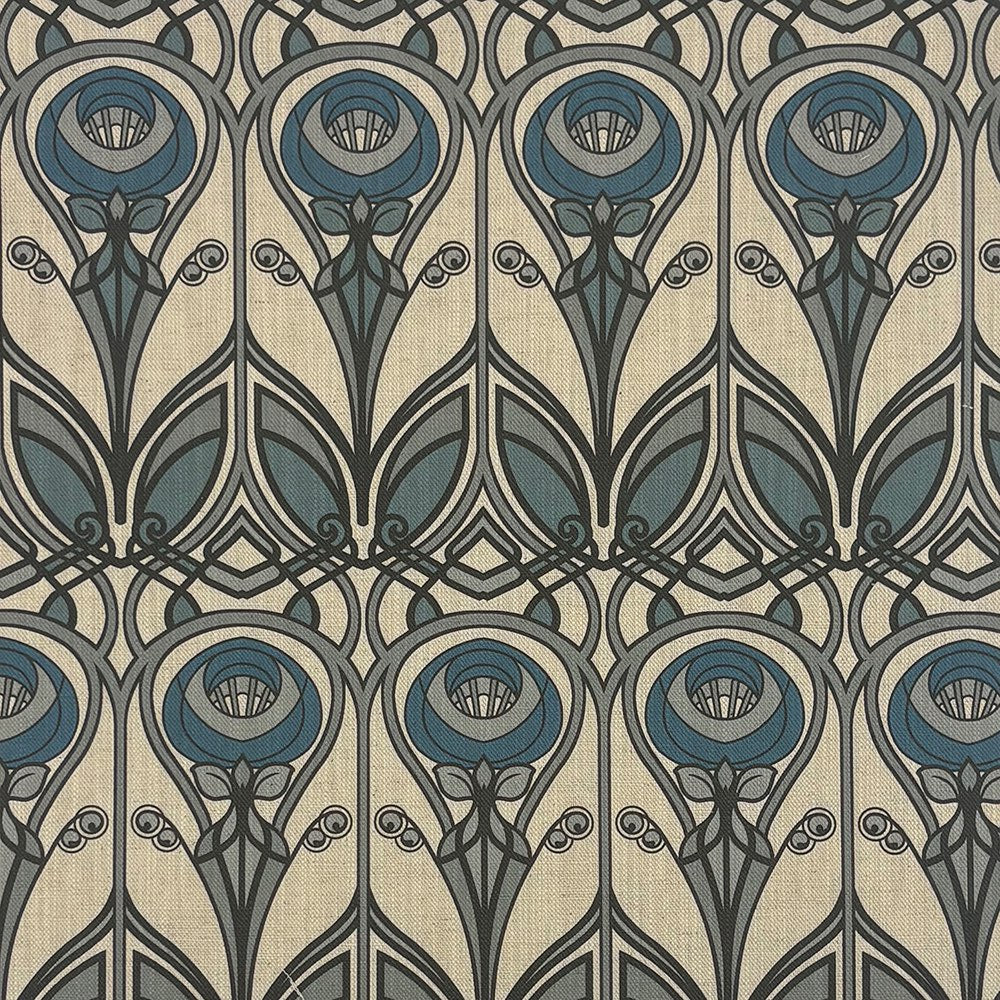 Mackintosh Teal Upholstery Fabric – flat image of geometric floral motif in teal blue and grey on a neutral background