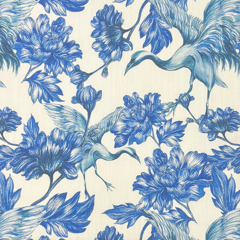 Maguari Linen Curtain Fabric Delft Blue – bird and floral design