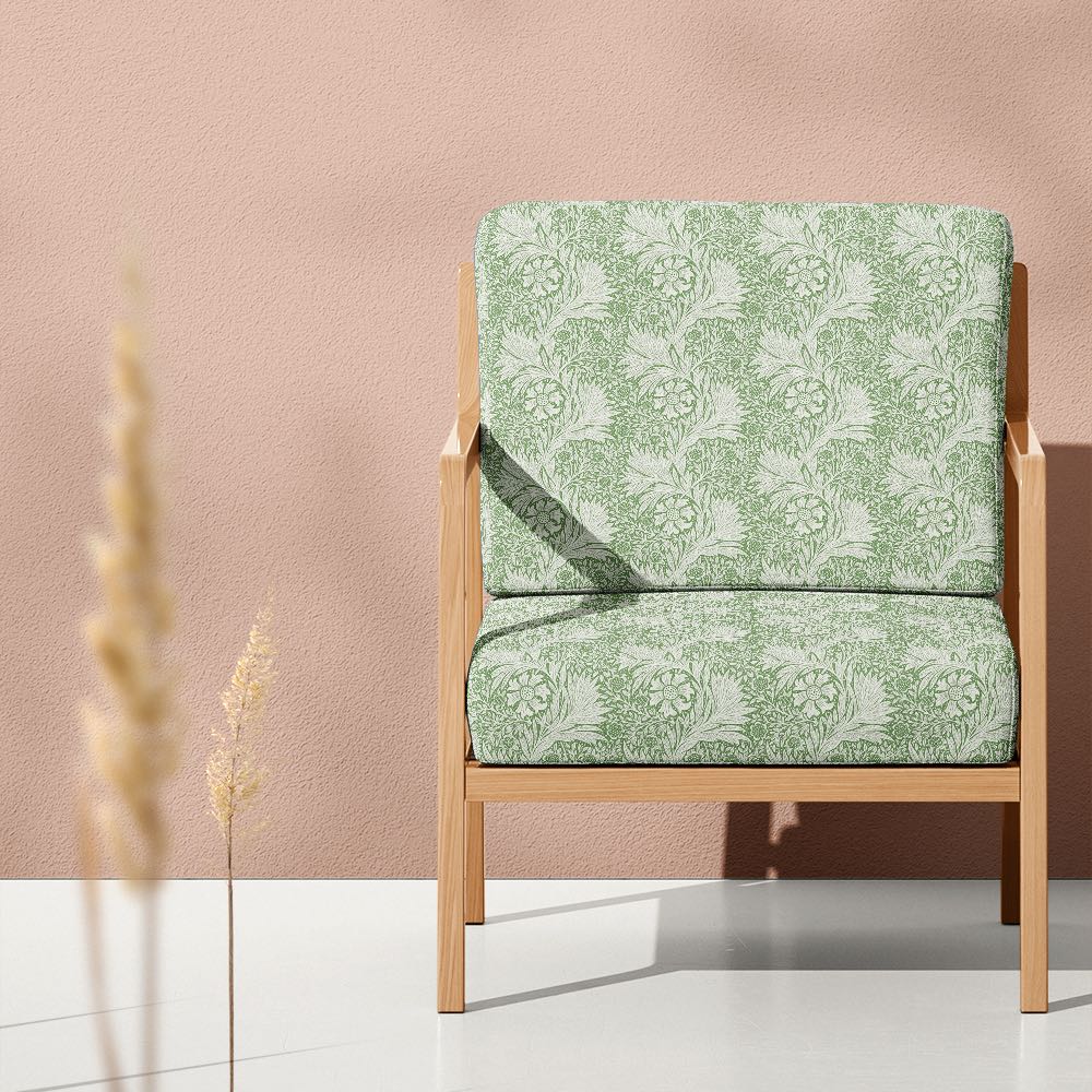 Green Marigold fire retardant velvet upholstery fabric on a classic armchair