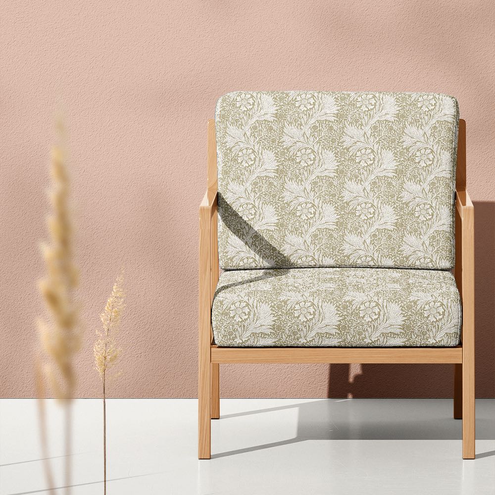 Natural Marigold Crib 5 velvet fabric on an upholstered chair for neutral interiors