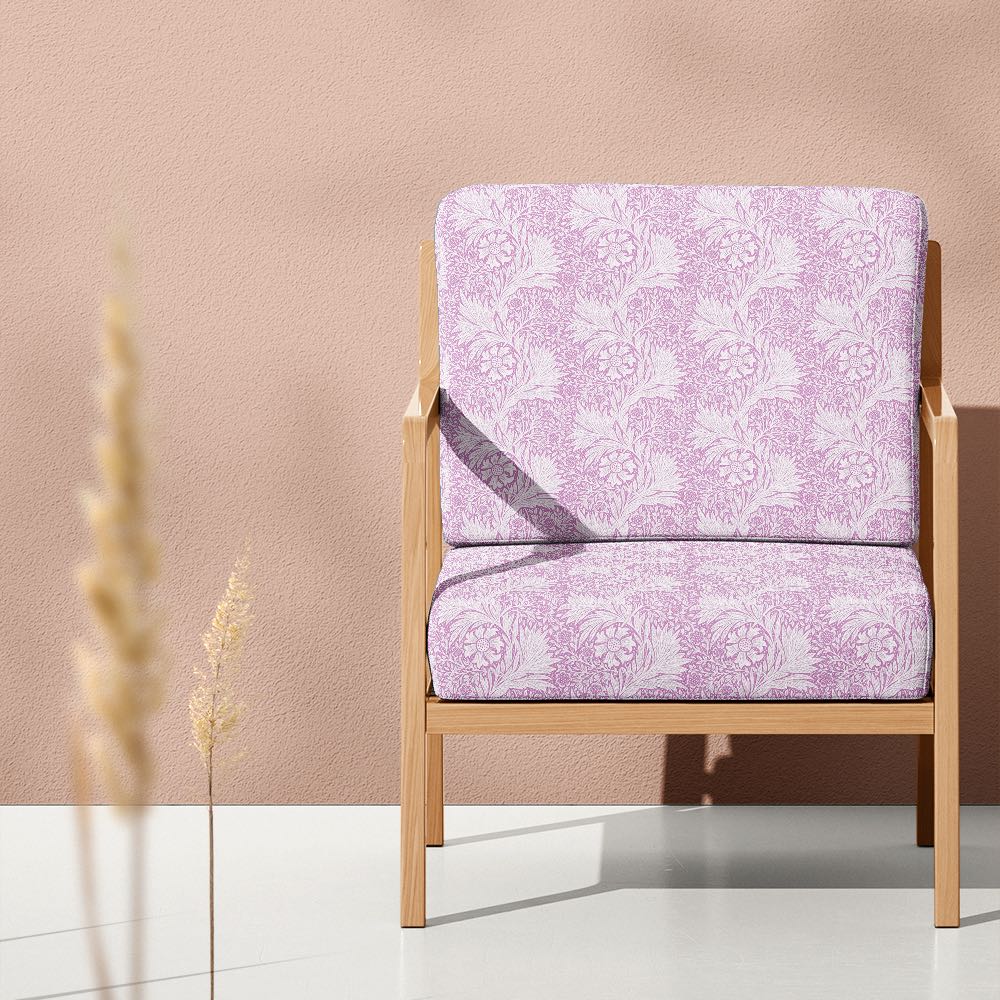 Pink Marigold Crib 5 velvet upholstery fabric on a heritage style armchair