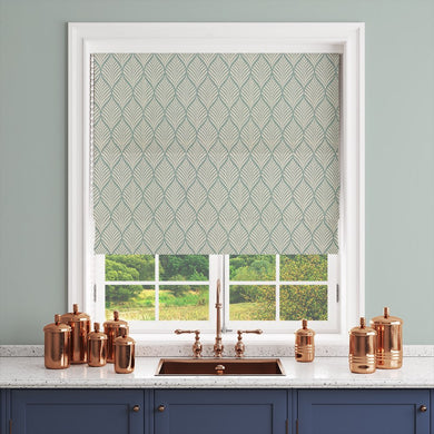 Marlow Linen Curtain Fabric in Duck Egg on Natural – shown as a roller blind