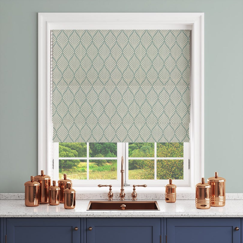 Marlow Linen Curtain Fabric in Duck Egg on Natural – shown as a roller blind