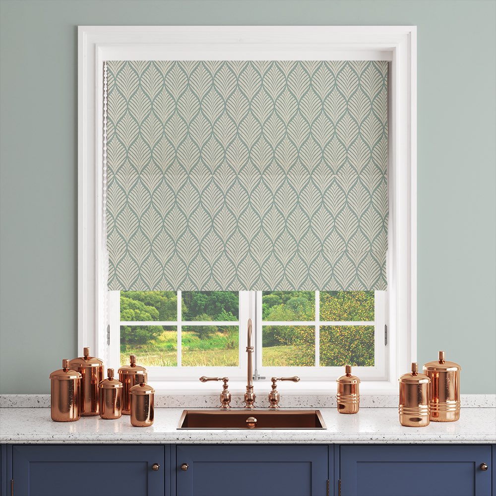 Marlow Linen Curtain Fabric in Duck Egg on Natural – shown as a roller blind