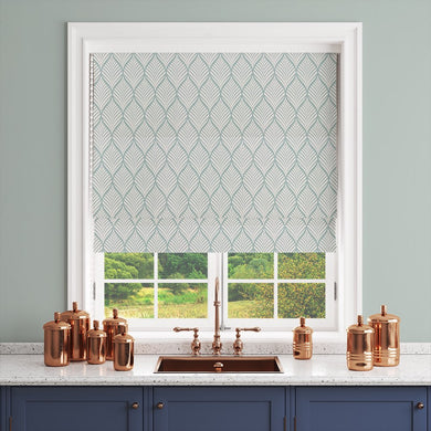 Marlow Linen Curtain Fabric in Duck Egg on White – shown as a roller blind